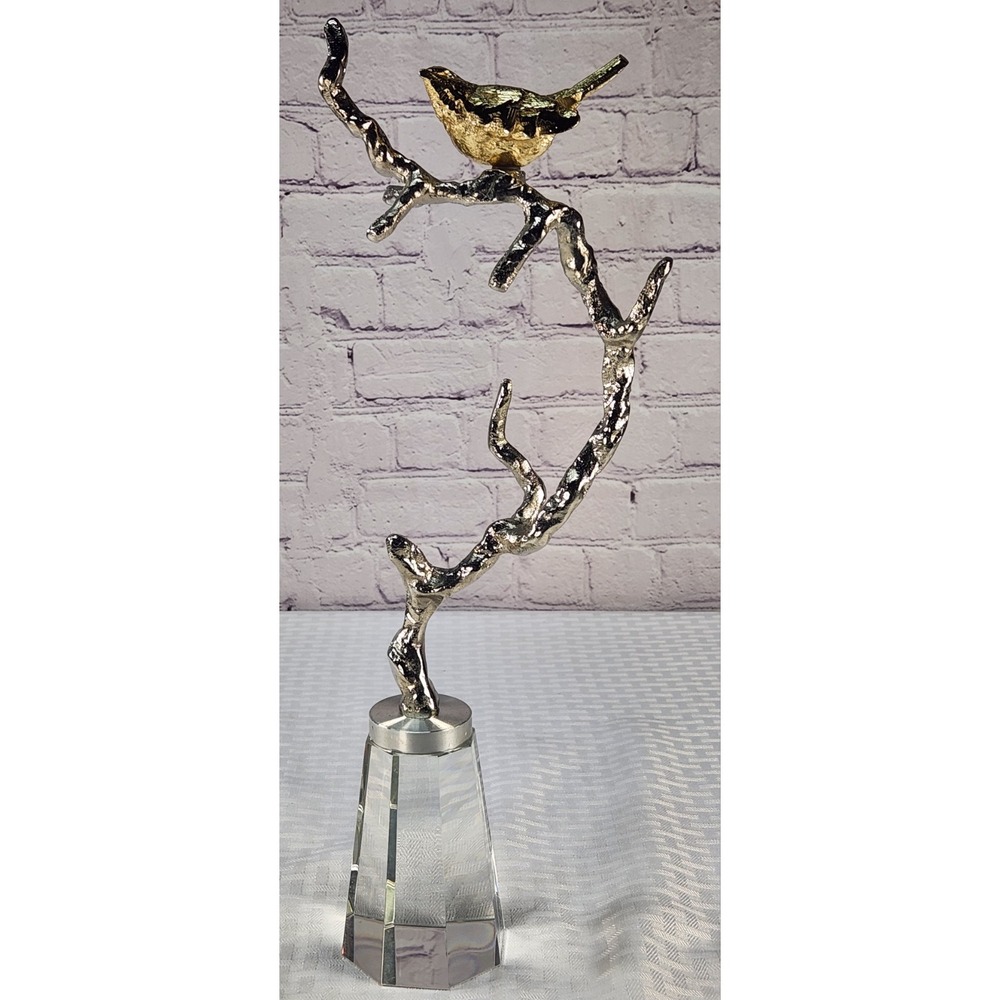 Gold Bird Statue On Aluminum Silver Tree Branch Crystal Base $365 Retail